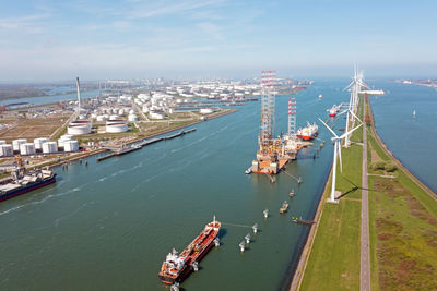 High angle view of boats in sea