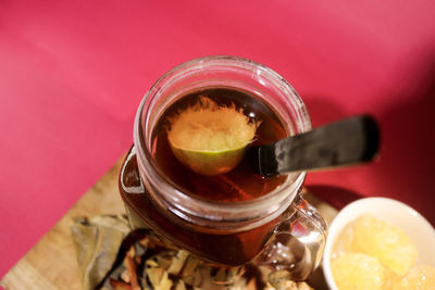 High angle view of drink in glass on table