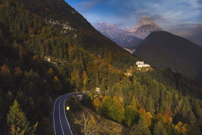 Aerial view of road amidst mountains against sky