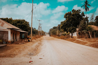 Road amidst trees and buildings against sky