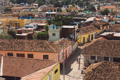 High angle view of buildings in town