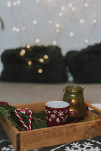 Close-up of christmas decorations on table