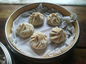 High angle view of dumplings in a steaming basket 
