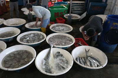 High angle view of people for sale at market