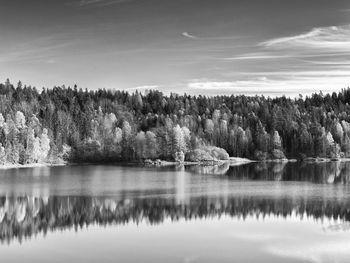 Reflection of trees in lake against sky