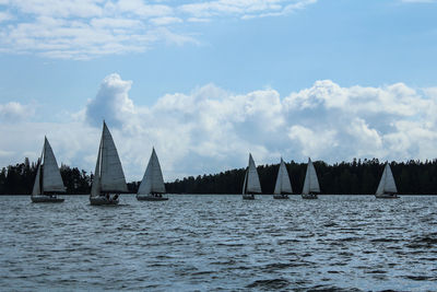 Sailboats sailing in sea against sky