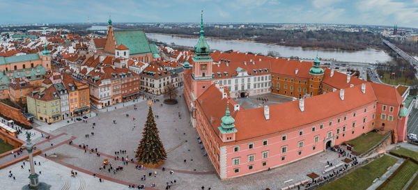 Aerial view of the christmas tree near castle square with column of sigismund