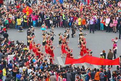 High angle view of chinese new year parade on street in city