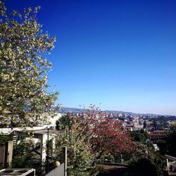 Cityscape against clear blue sky