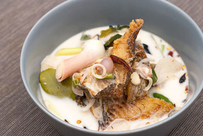High angle view of meal served in bowl