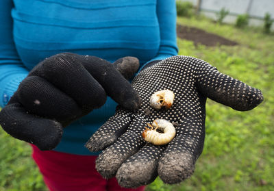 Close-up of human hand holding grass