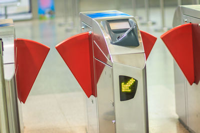Close-up of turnstiles at subway station