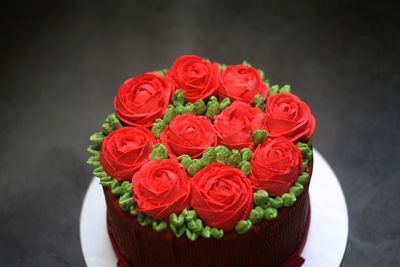 High angle view of rose bouquet on table