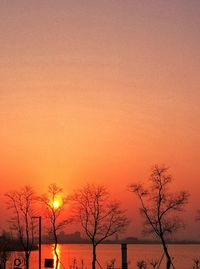 Silhouette bare trees against clear sky during sunset