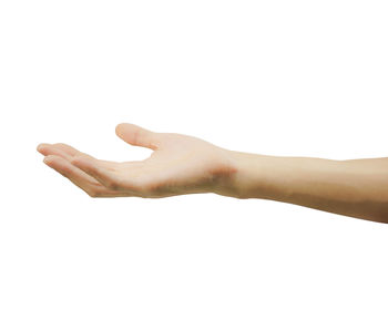 Close-up of human hand against white background