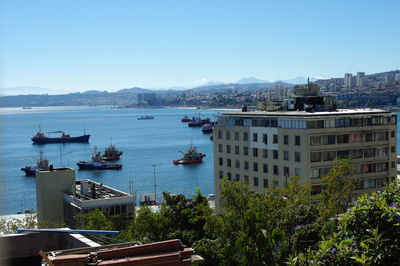 Scenic view of sea and buildings against clear sky