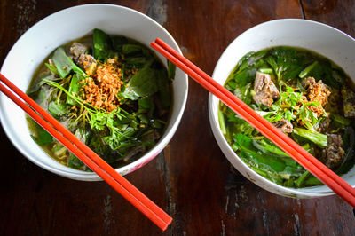 High angle view of food in bowl on table