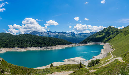 Panoramic view of lake and mountains against blue sky