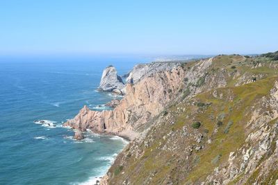 Scenic view of sea against clear blue sky