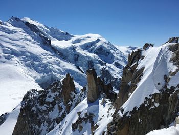 Scenic view of snowcapped mountains against clear sky