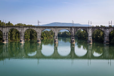 Arch bridge over river against clear sky