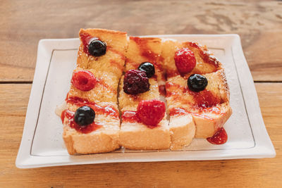 High angle view of dessert in plate on table