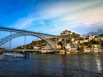 Bridge over river by buildings in city against sky