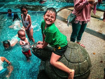 High angle view of people on water