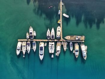 High angle view of boats moored in lake