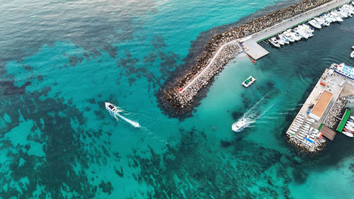 High angle view of boats in sea