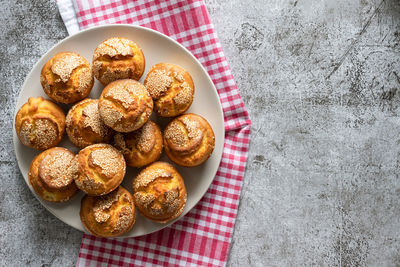 High angle view of cookies in plate on table