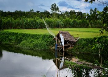 Scenic view of lake by trees against sky