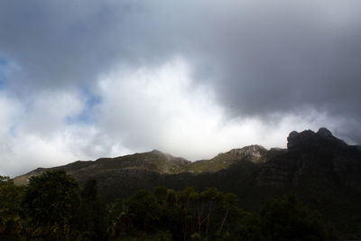 Scenic view of mountains against cloudy sky