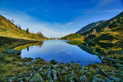 Scenic view of lake and mountains against sky