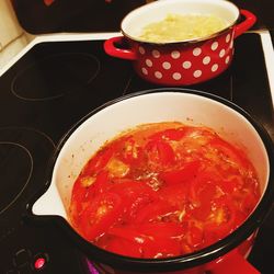 High angle view of soup in bowl on table