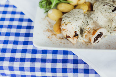 High angle view of food in plate on table