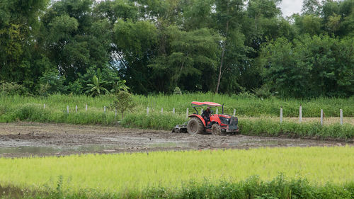 Man working on agricultural field against sky