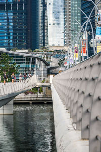 Bridge over river by buildings in city