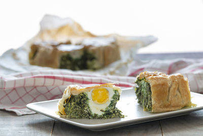 Close-up of breakfast served on table