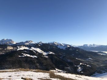 Scenic view of snowcapped mountains against clear blue sky