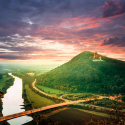 High angle view of landscape against sky during sunset