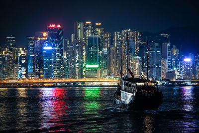 Illuminated city by river against sky at night