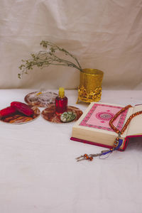 High angle view of open book on table