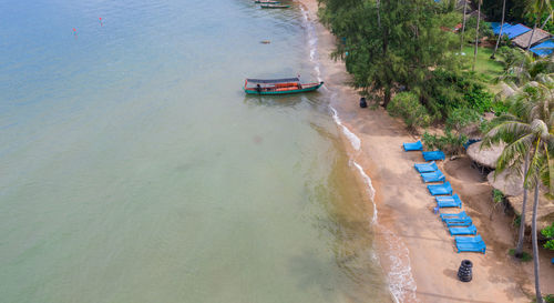 High angle view of boats moored on beach