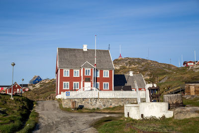 Exterior of buildings against blue sky