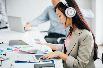 High angle view of woman working on table