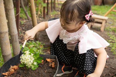 Full length of cute girl holding plant