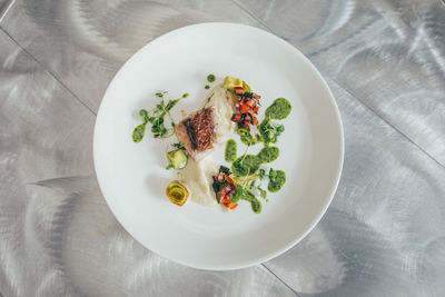 High angle view of meal served on table
