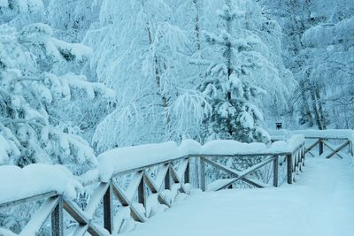 Snow covered landscape seen through railing