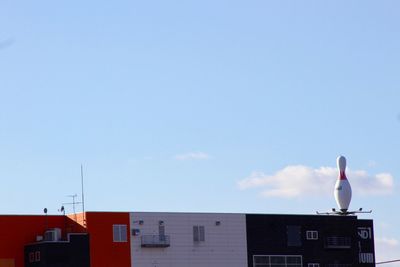 Birds perching on sign in city against sky